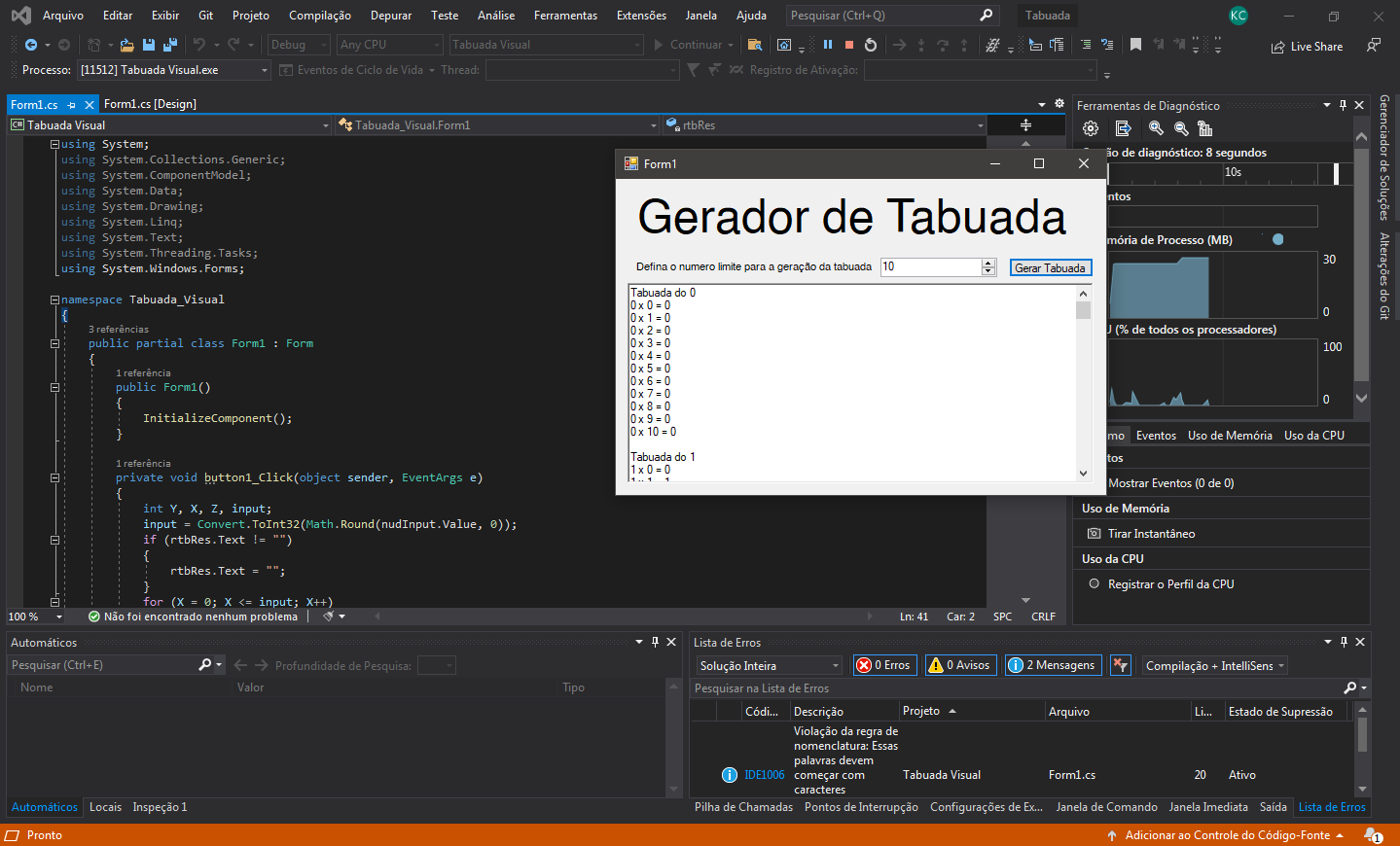 Gerador de Tabuada C#